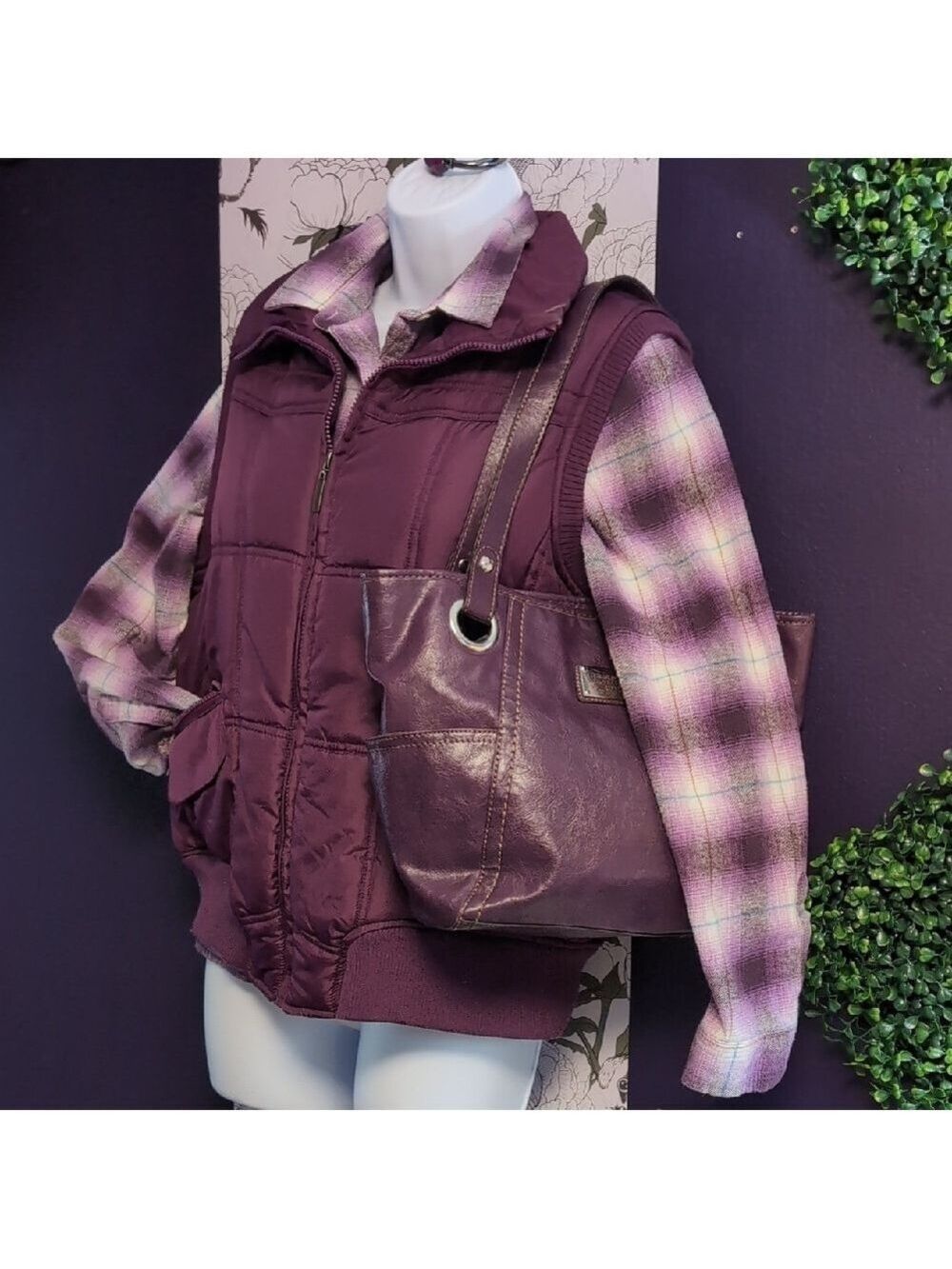 Plum Purple Plaid Puffer Vest With Matching Stone Bracelet